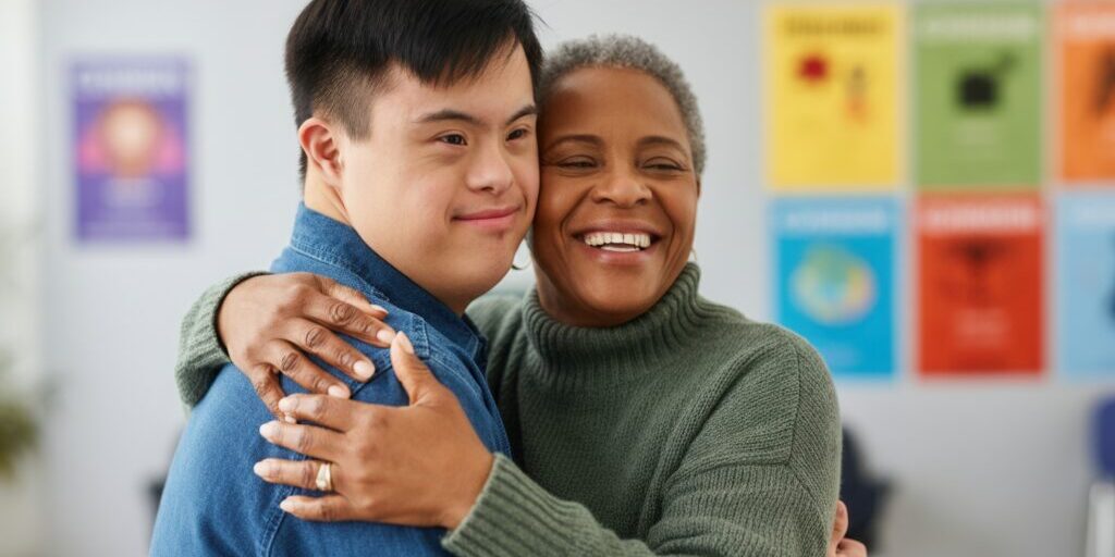 Happy teacher and student with down syndrome are hugging in classroom